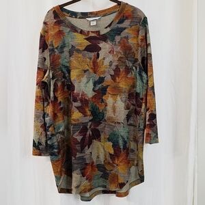 Large 10 12 Autumn Leaves Multicolor Long Sleeve Top Tunic Knit Blouse Browns